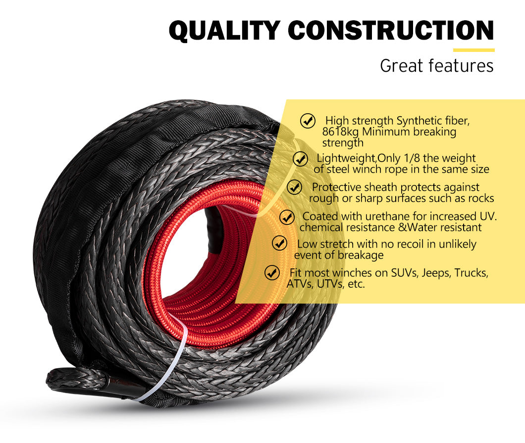 FIERYRED Winch Rope 10MM x 26M Synthetic Dyneema SK75 for WARN Winch Black 4WD