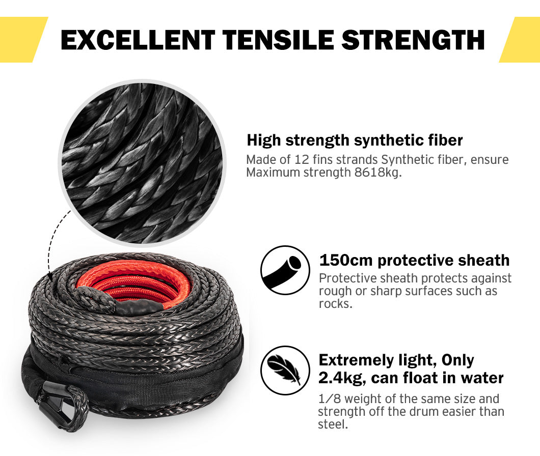 FIERYRED Winch Rope 10MM x 26M Synthetic Dyneema SK75 for WARN Winch Black 4WD