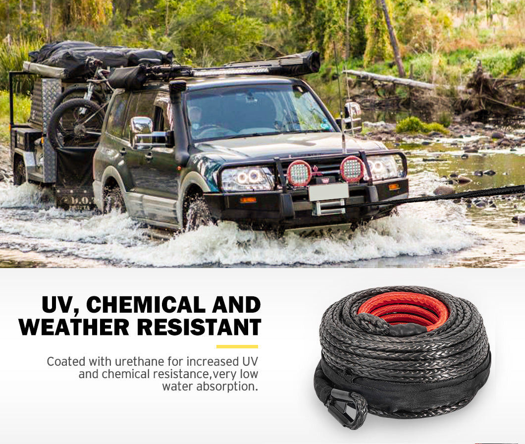 FIERYRED Winch Rope 10MM x 26M Synthetic Dyneema SK75 for WARN Winch Black 4WD