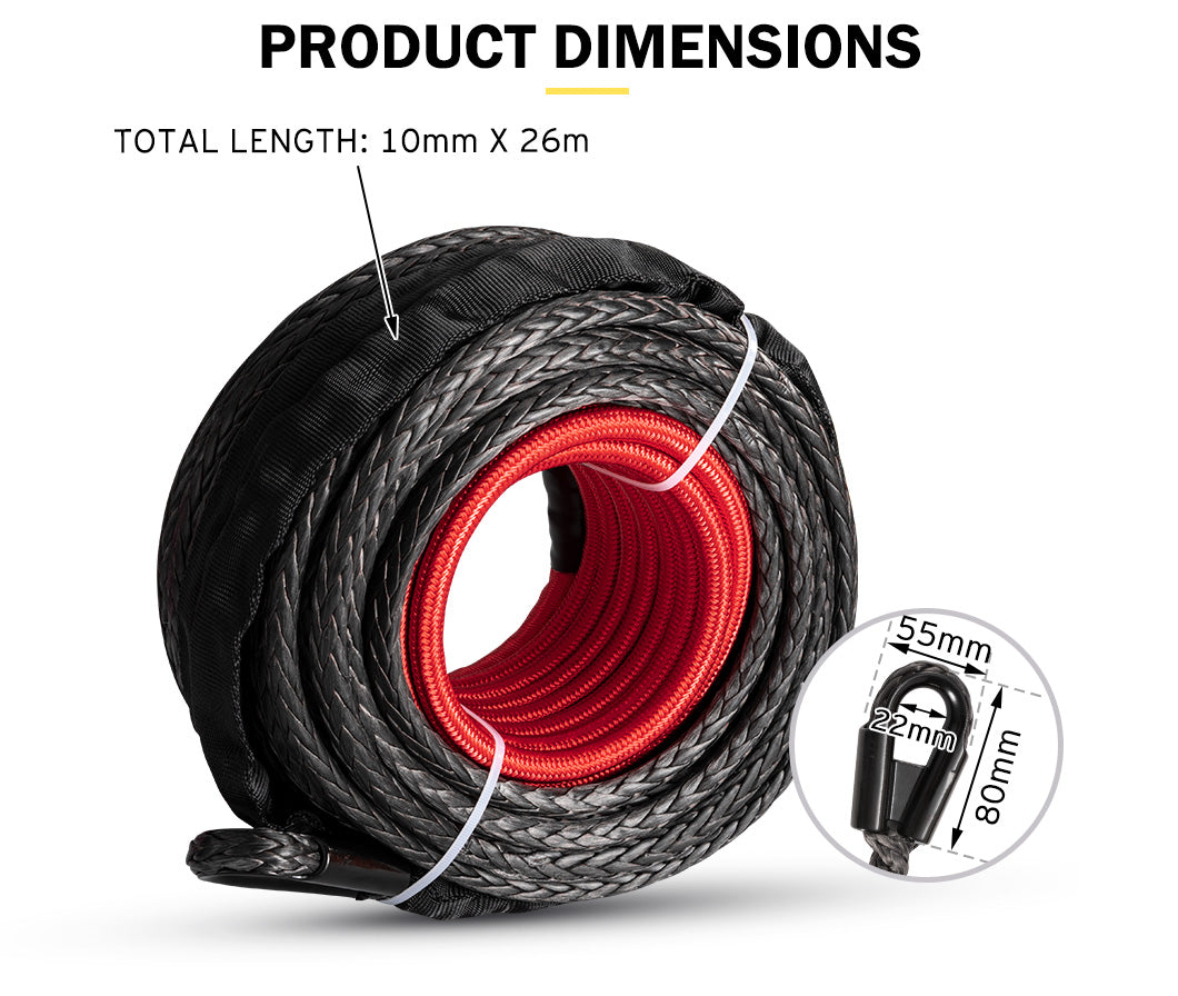 FIERYRED Winch Rope 10MM x 26M Synthetic Dyneema SK75 for WARN Winch Black 4WD