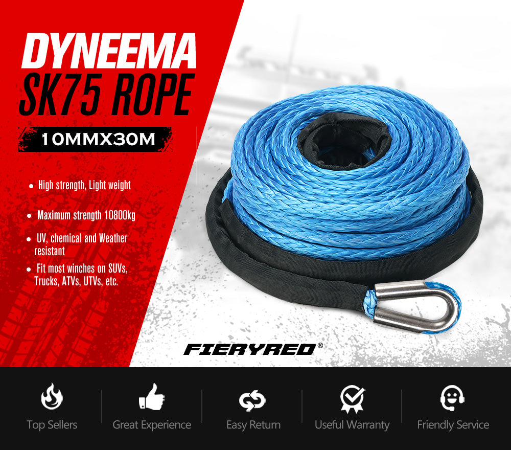 Fieryred 10MM x 30M Synthetic Winch Rope Dyneema SK75 Tow Recovery Rope Offroad 4WD