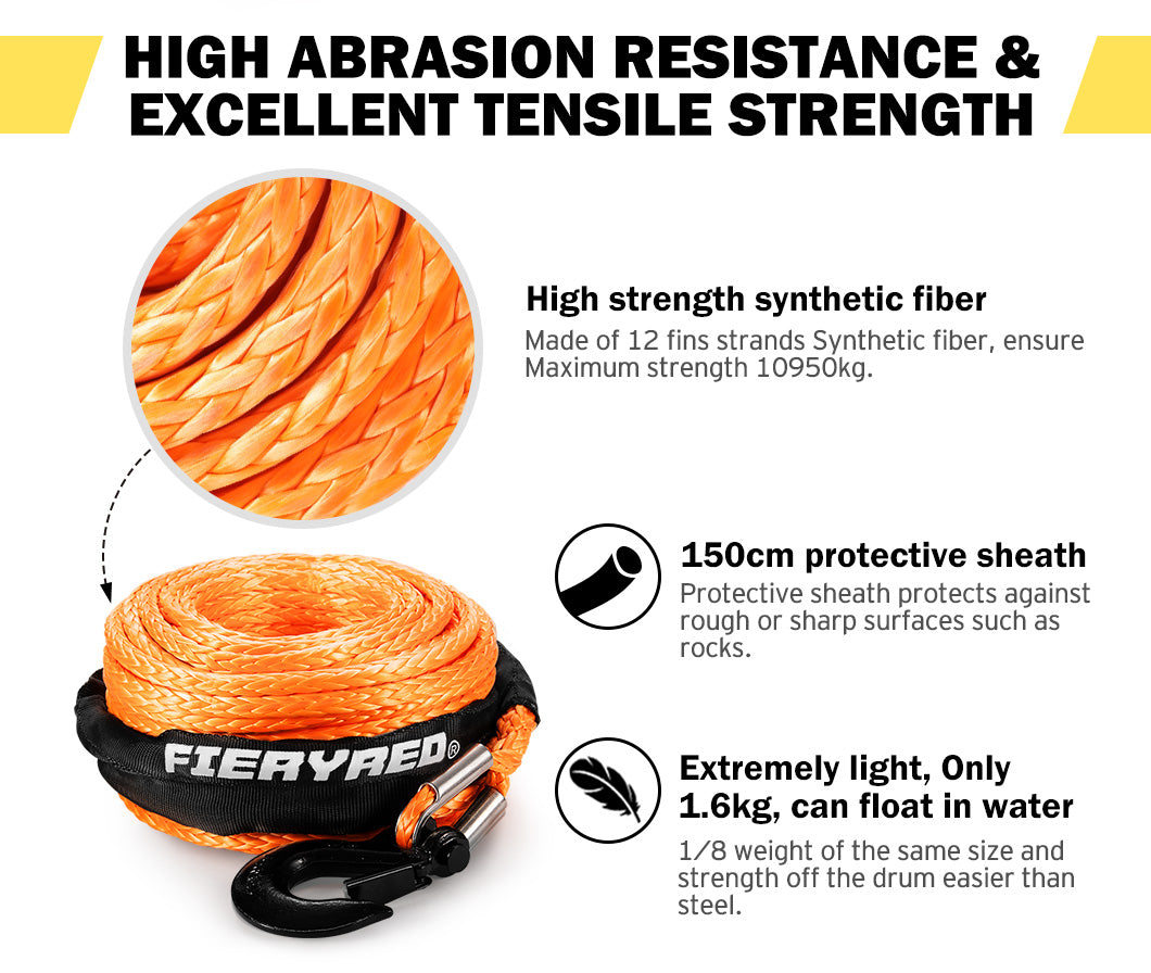 FIERYRED Synthetic Winch Rope 10MM x 30M Dyneema SK75 Tow Recovery Rope Orange 4WD