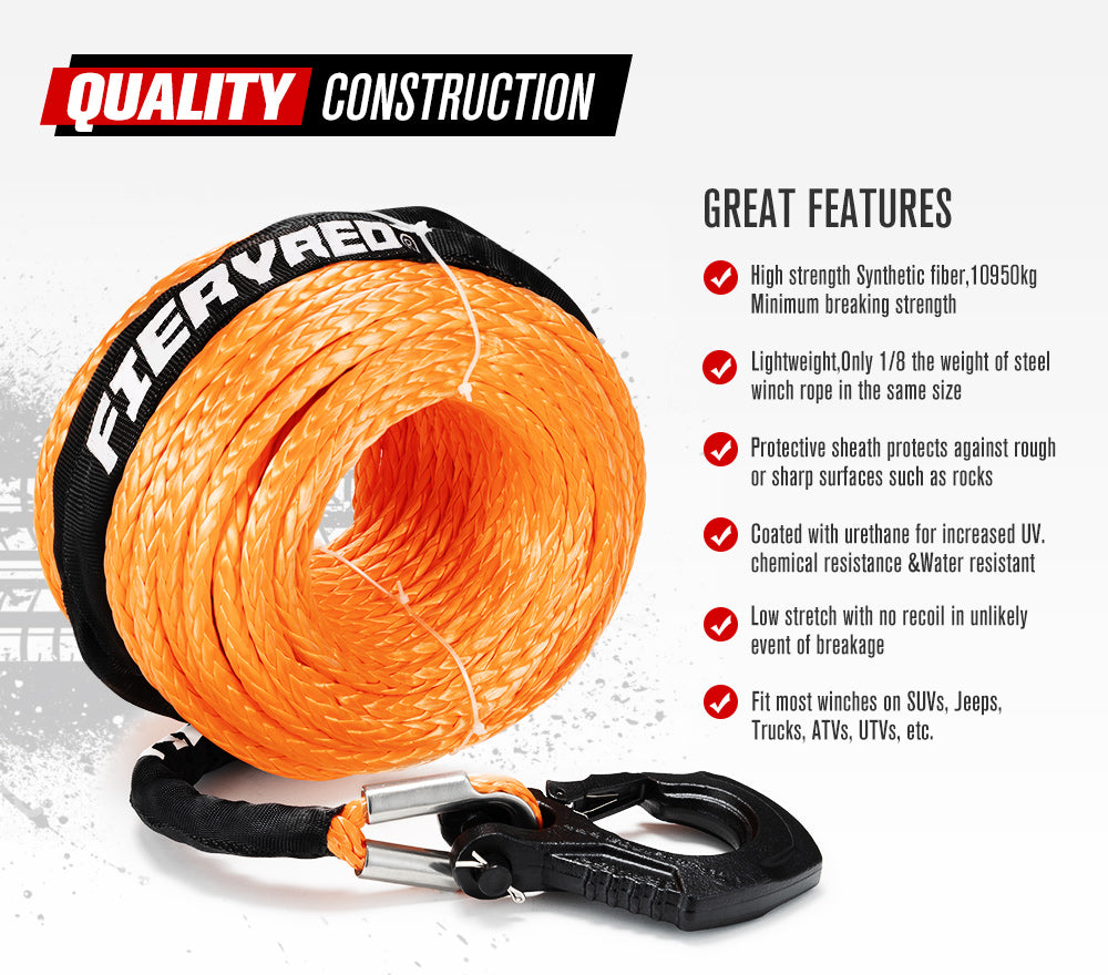 FIERYRED Synthetic Winch Rope 10MM x 30M Dyneema SK75 Tow Recovery Rope Orange 4WD