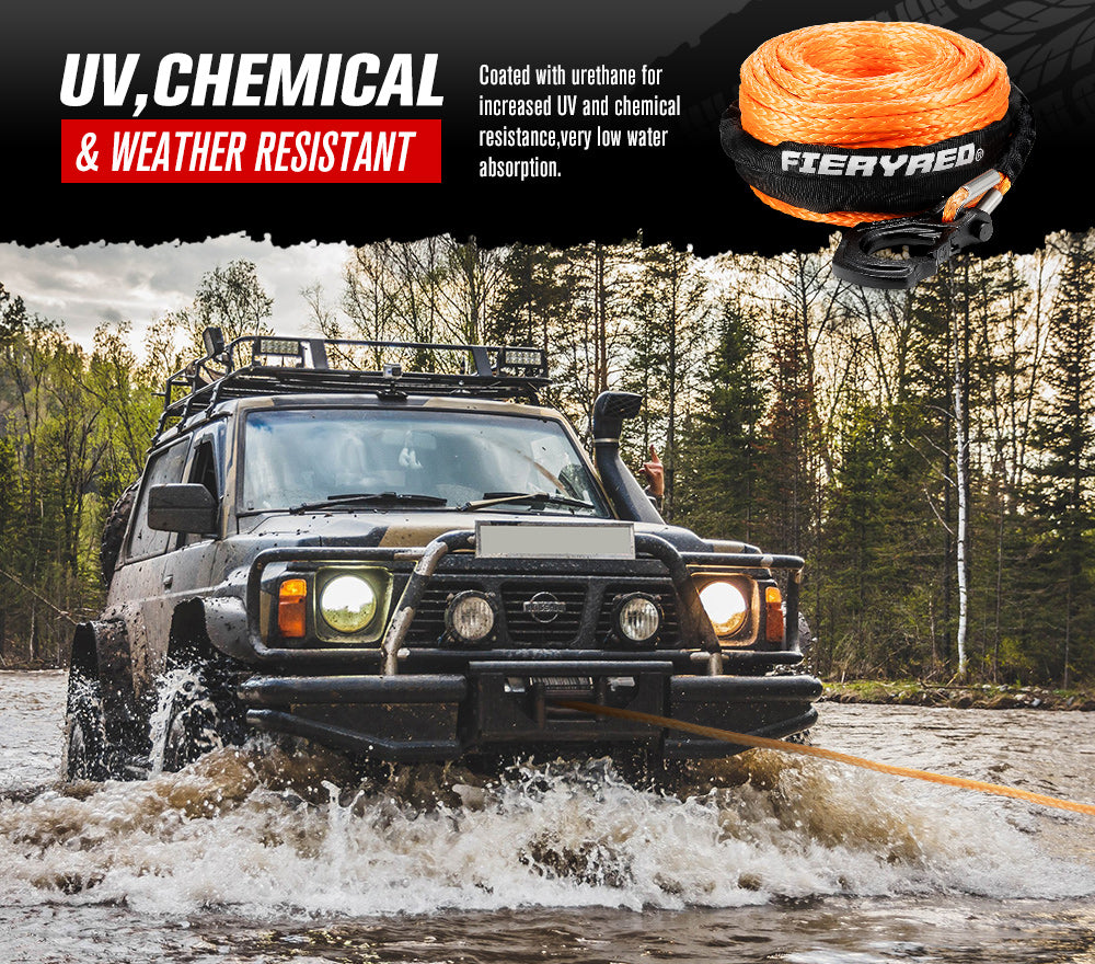FIERYRED Synthetic Winch Rope 10MM x 30M Dyneema SK75 Tow Recovery Rope Orange 4WD