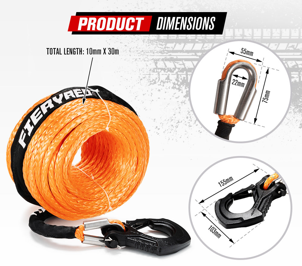FIERYRED Synthetic Winch Rope 10MM x 30M Dyneema SK75 Tow Recovery Rope Orange 4WD