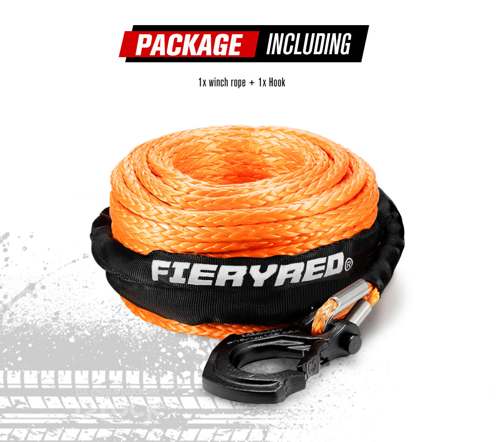 FIERYRED Synthetic Winch Rope 10MM x 30M Dyneema SK75 Tow Recovery Rope Orange 4WD