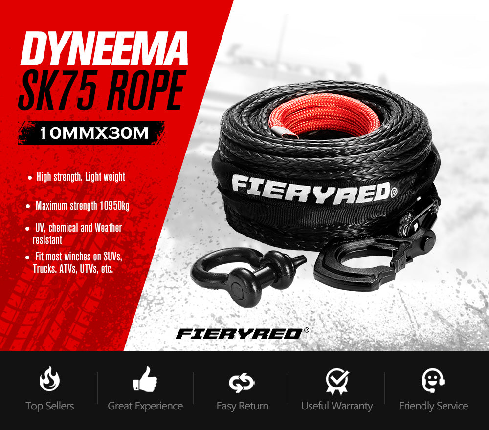 Fieryred 10MM x 30M Synthetic Winch Rope Dyneema SK75 Tow Recovery Rope Offroad 4WD