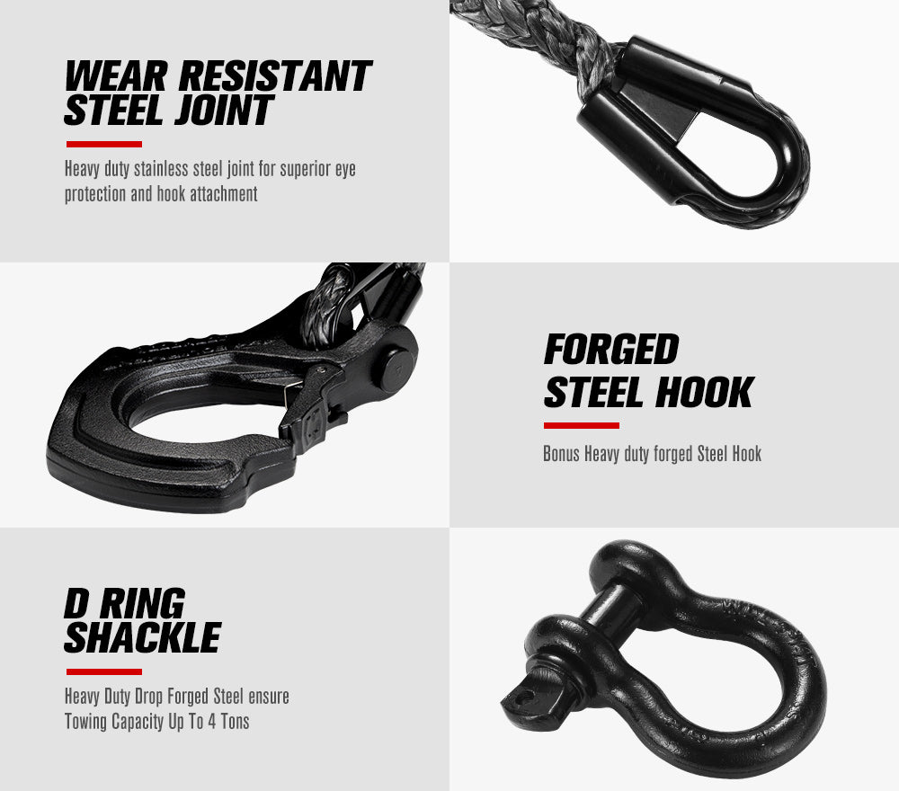 FIERYRED Winch Rope 10MM x 30M Dyneema SK75 Hook Synthetic Car Tow Recovery Cable Black