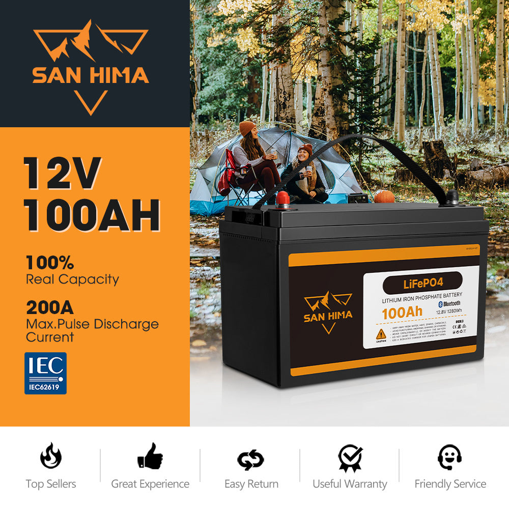 San Hima 12V 100Ah Lithium Iron Phosphate Battery LiFePO4 w/ Bluetooth BMS 4WD