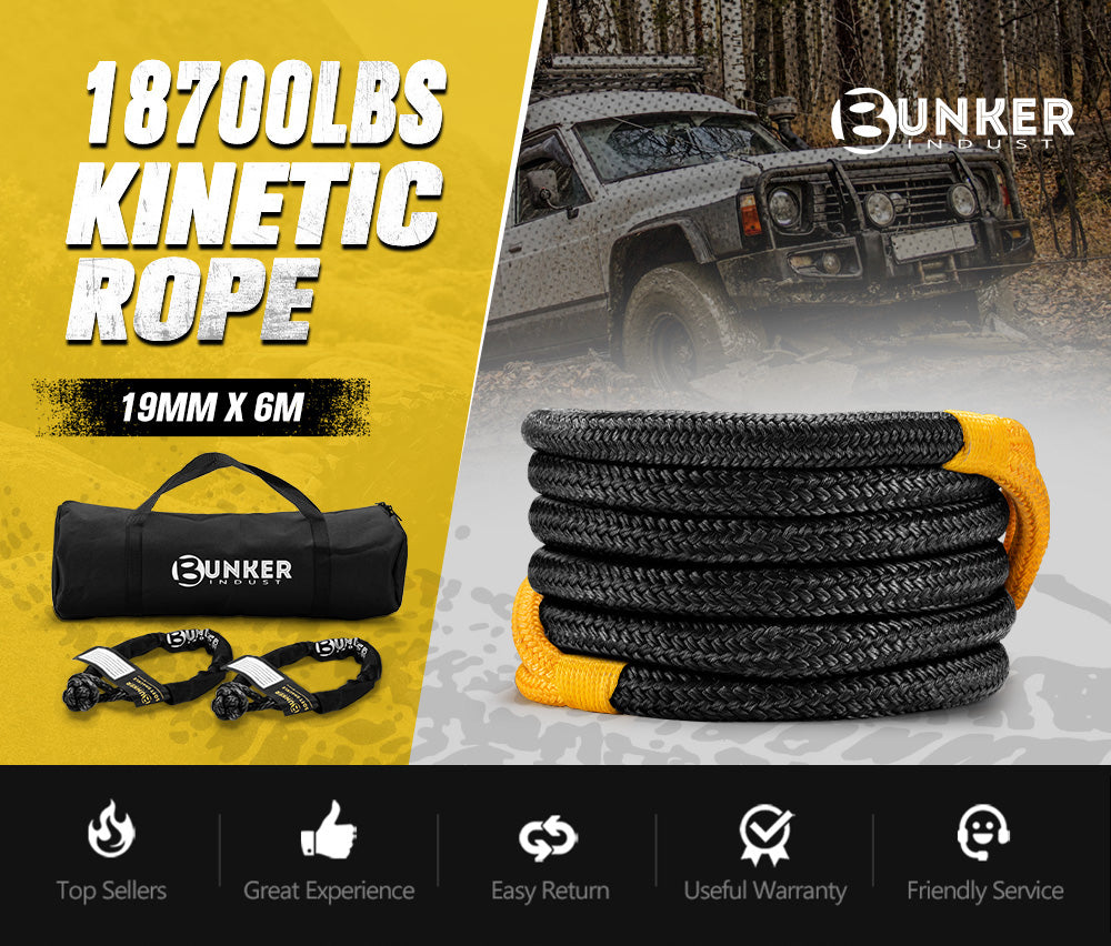 Bunker Indust Kinetic Recovery Rope 19mmx6m Snatch Strap Soft Shackle 8 482kg