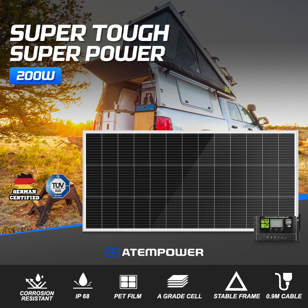 ATEM POWER 12V 200W Solar Panel Kit Mono Fixed Caravan Camping Power Battery Charging