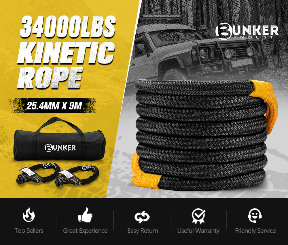 Bunker Indust Kinetic Recovery Rope 25mmx9m Snatch Strap Soft Shackle 15 422kg