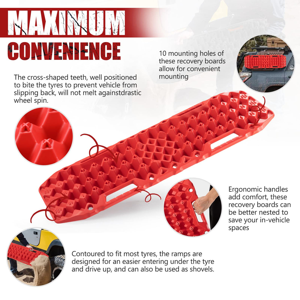 BUNKER INDUST Pair Recovery Tracks with Jack Base Sand Track Red 10T 4WD Car Accessories 4x4