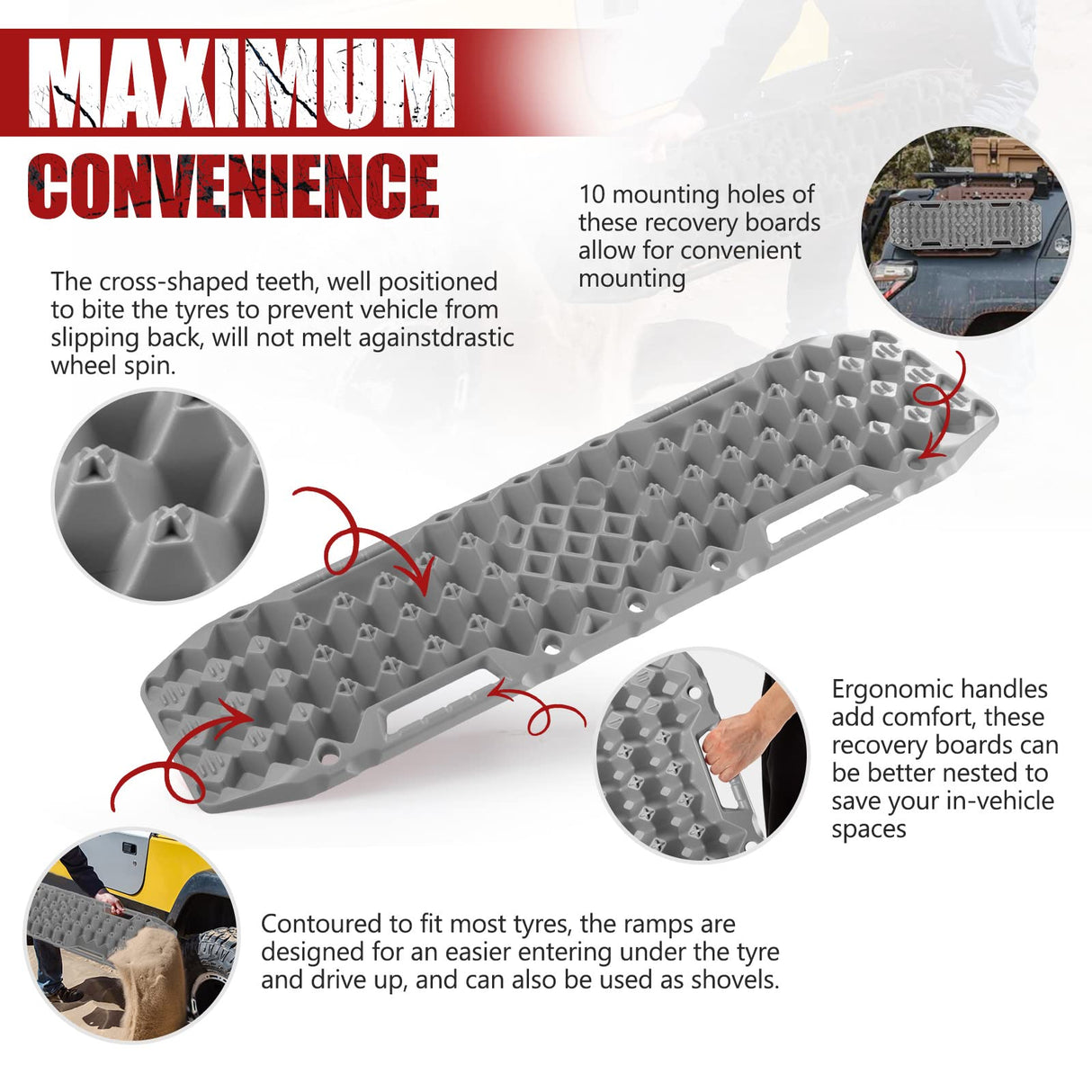 BUNKER INDUST Sand Recovery Tracks with Jack Base Mud Snow Grass Trax Car Offroad 4WD 4x4 Grey