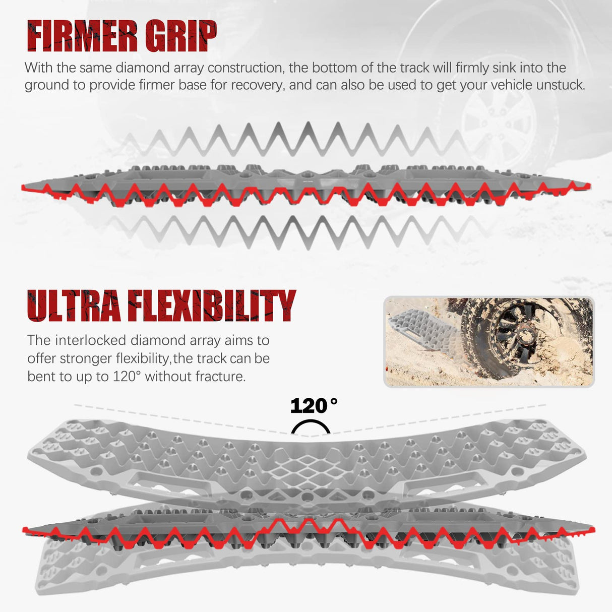 BUNKER INDUST Sand Recovery Tracks with Jack Base Mud Snow Grass Trax Car Offroad 4WD 4x4 Grey