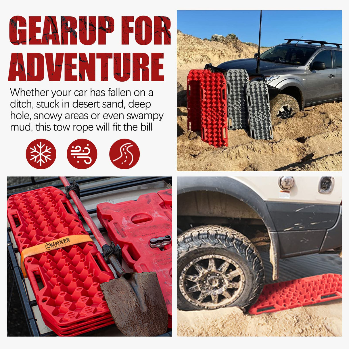 BUNKER INDUST Pair Recovery Tracks with Jack Base Sand Track Red 10T 4WD Car Accessories 4x4