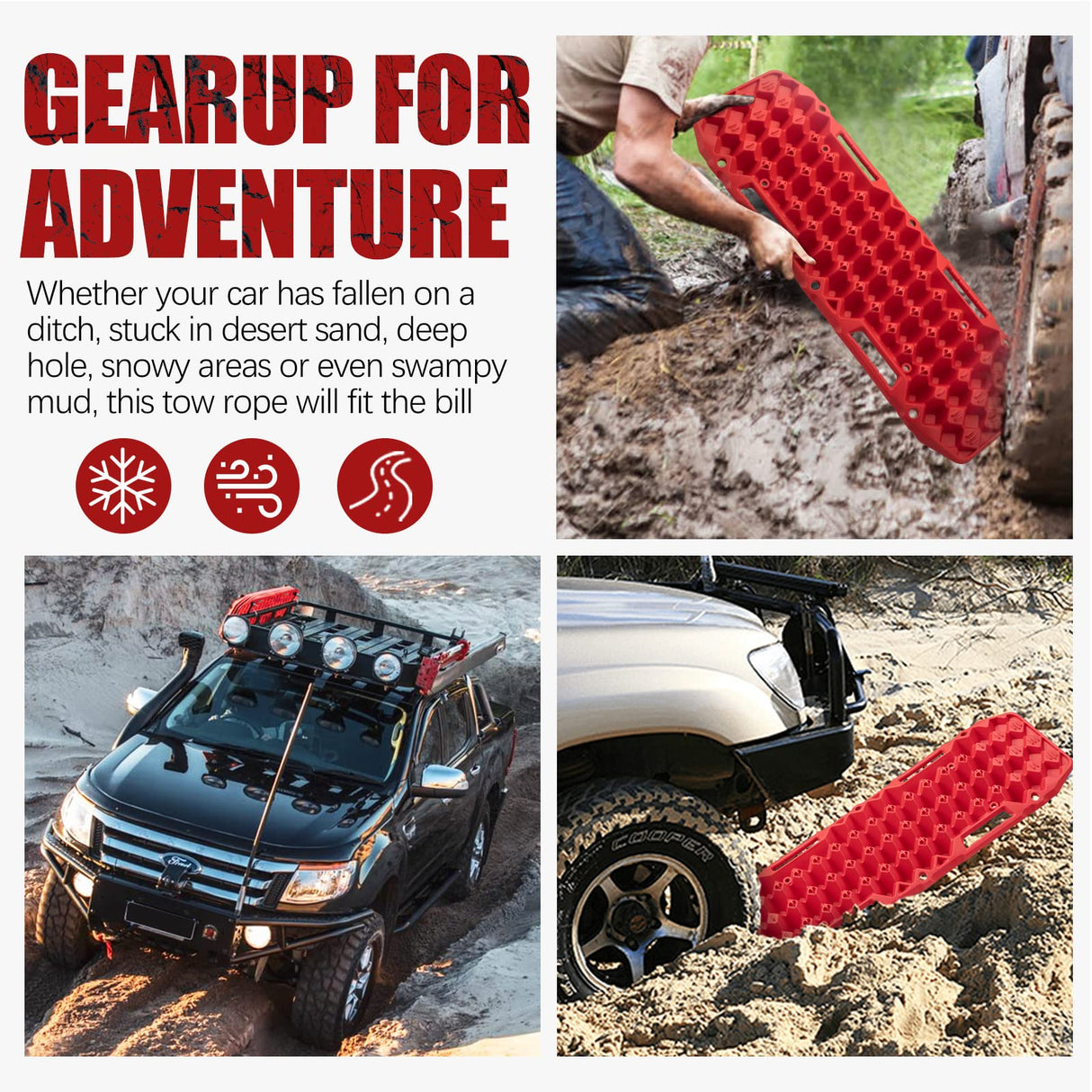 BUNKER INDUST Recovery Tracks 10T Sand Mud Snow Grass 4WD Accessory 1Pair Red