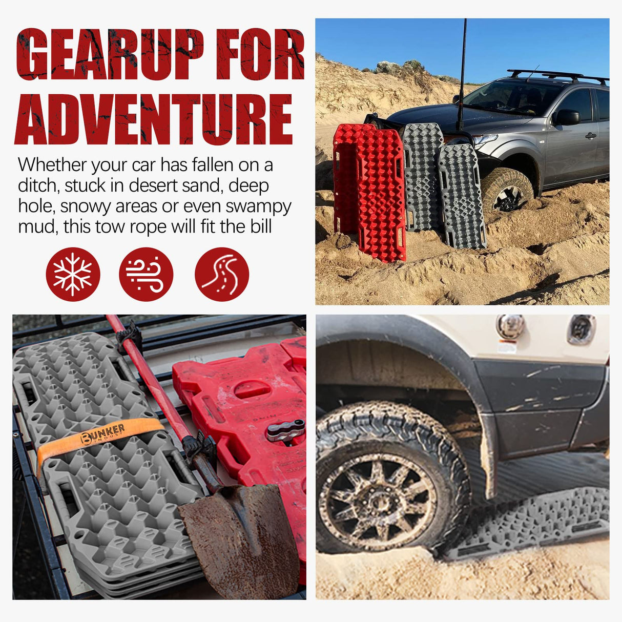 BUNKER INDUST Sand Recovery Tracks with Jack Base Mud Snow Grass Trax Car Offroad 4WD 4x4 Grey