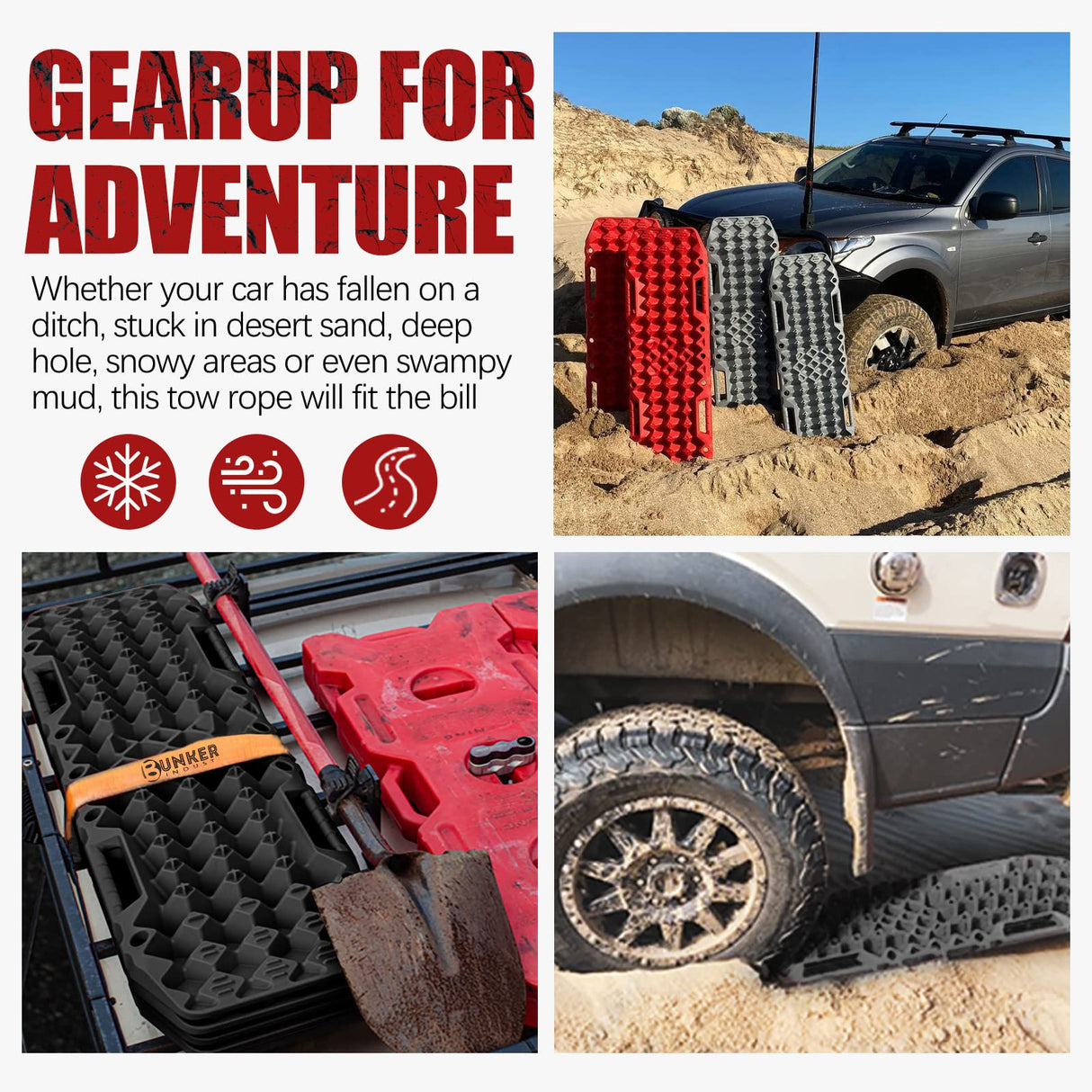 BUNKER INDUST Recovery Tracks Sand Track with Jack Base Pair 10T Mud Snow OffRoad 4WD Black