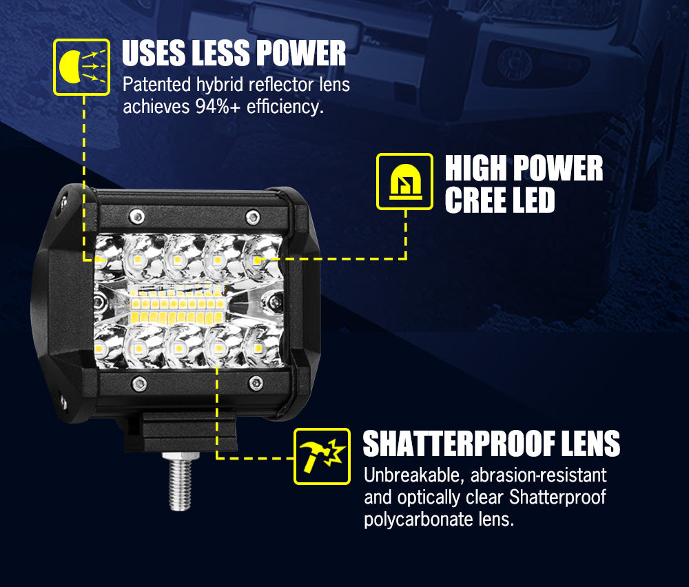 LIGHTFOX 4x 4inch LED Light Bar Spot Flood 3Row Work Fog Lamps Reverse Offroad 4WD