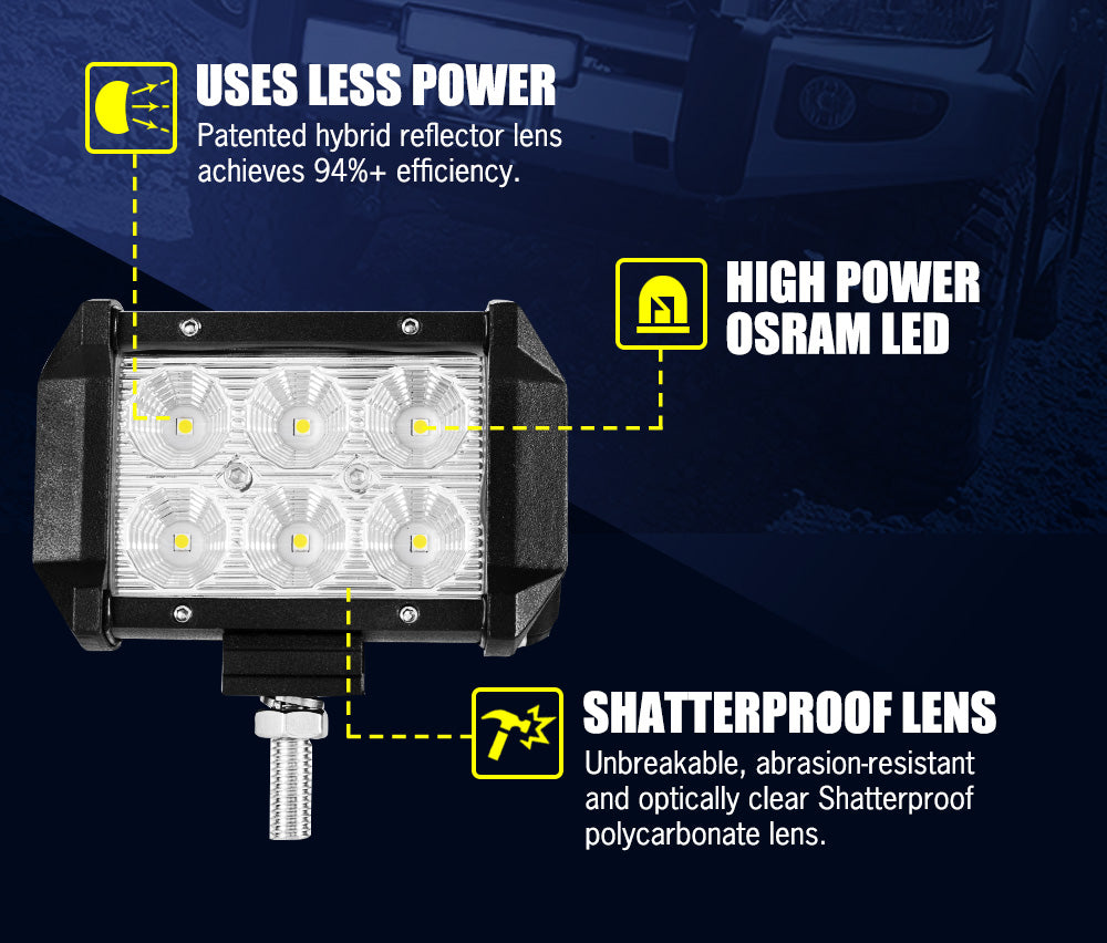 LIGHTFOX 2x 4inch LED Work Light Flood Beam Dual Row Work Fog Lamp Offroad 4x4WD