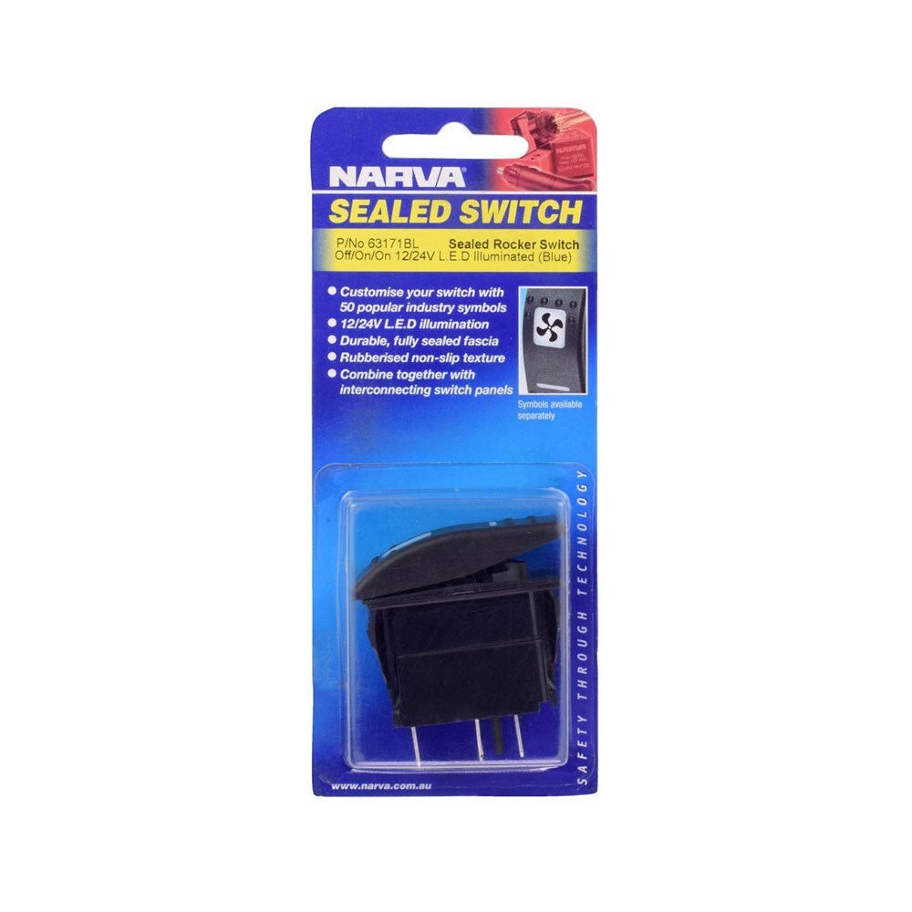 Narva 63171BL 12/24V Off/On/On LED Illuminated Sealed Rocker Switch (Blue)