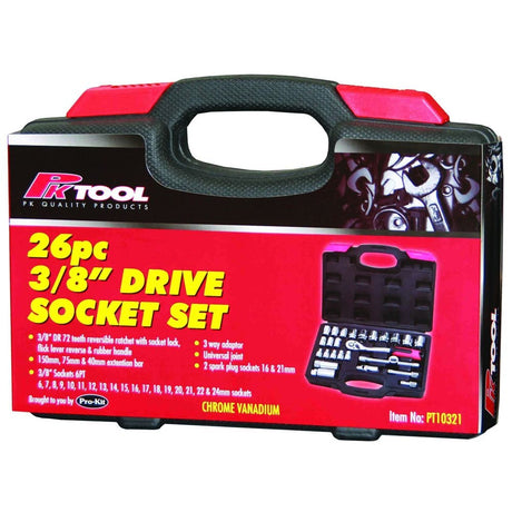 PK Tool 26-Piece 3/8" Drive Metric Socket Set with 72 Tooth Ratchet, 6 Point Sockets, Spark Plug Sockets, Extensions and Universal Joint PT10321