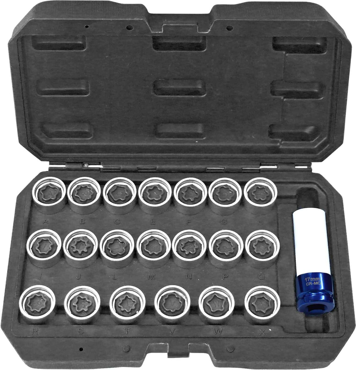 PK Tool Socket Set 21pc Audi Pattern Style Locking Wheel Nut Sockets A,B,C,E,F,G,H,I,J,L,M,N,P,Q,R,S,T,V,W&X