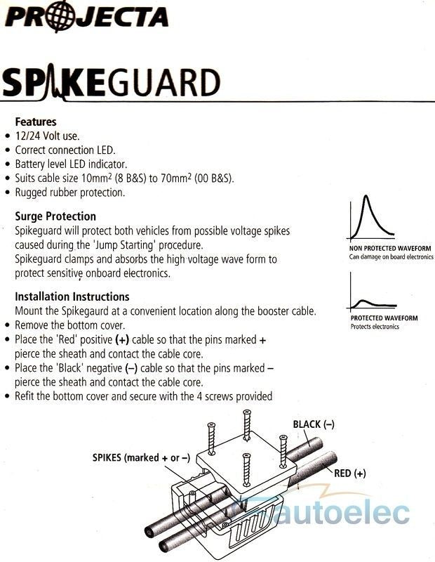 Projecta Sg130 Booster Cable Leads Surge Protector 12V 12 24 Volt Jump Start New