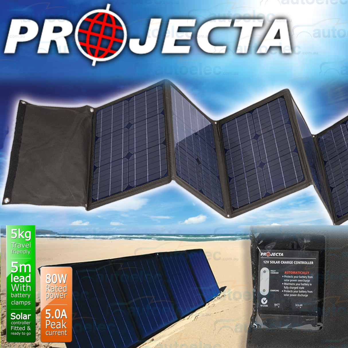 Projecta 80W Watt Portable Folding Solar Panel Kit 4wd Camping Hunting Spm80K