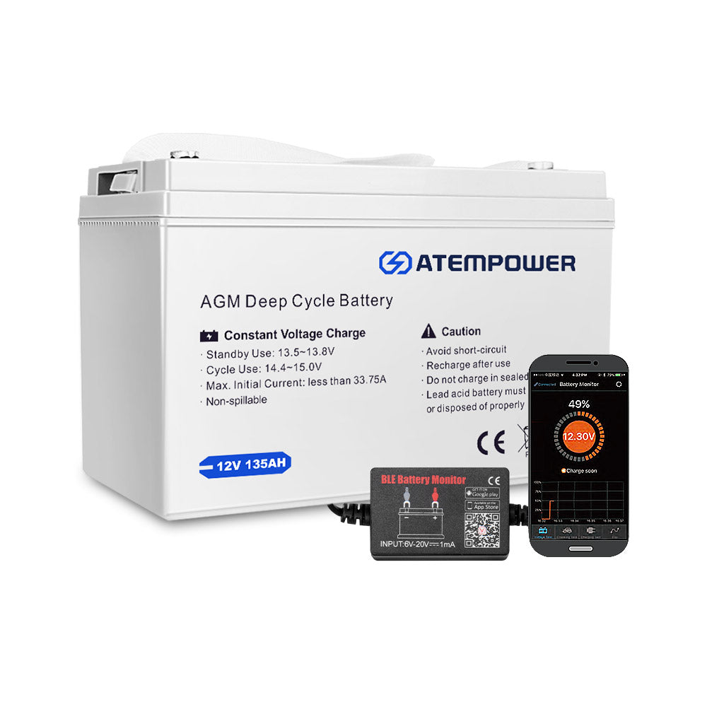 Atem Power 135Ah 12V AGM Deep Cycle Battery w/ Battery Monitor Portable 4WD Sealed Marine Solar SLA