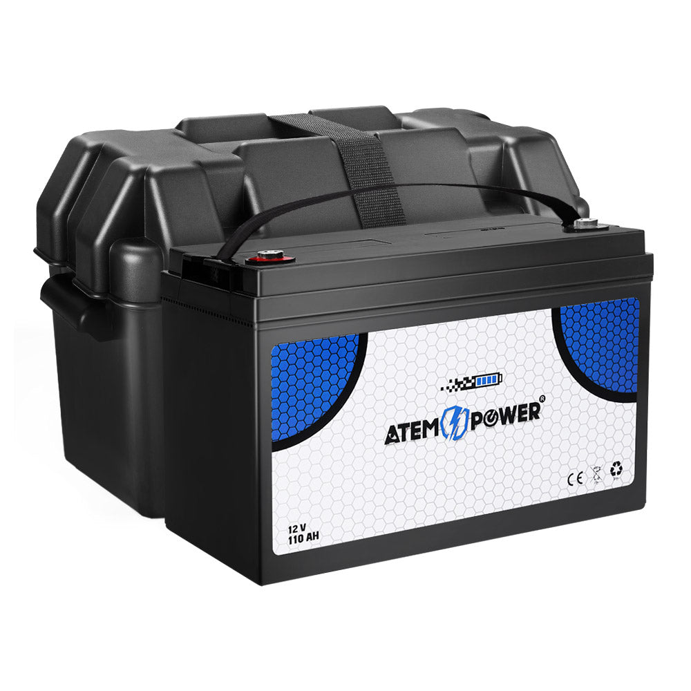ATEM POWER 110AH AGM Battery 12V AMP Hour SLA Deep Cycle Dual Fridge with Battery Box