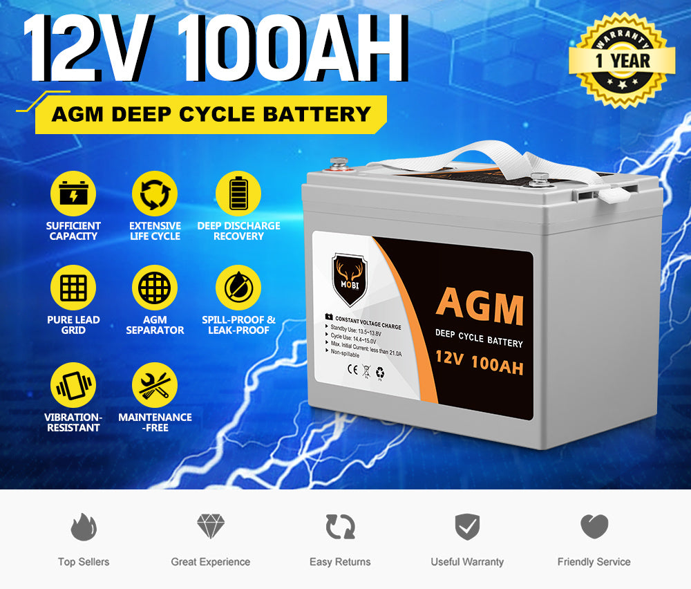 Mobi 100Ah Deep Cycle Battery 12V AGM Marine Sealed Solar Power Portable 4WD