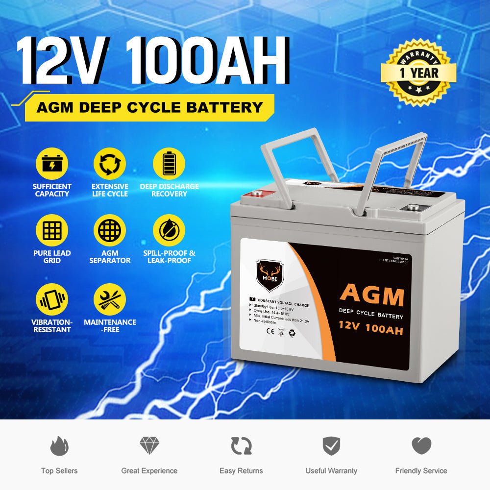 Mobi 100Ah Deep Cycle Battery 12V AGM Marine Sealed Solar Power Portable 4WD