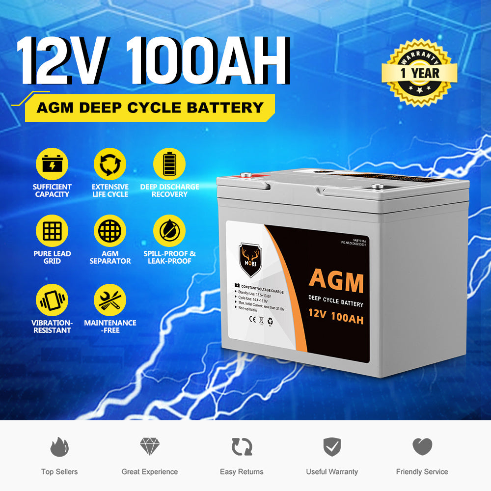 Mobi 100Ah Deep Cycle Battery 12V AGM Marine Sealed Solar Power Portable 4WD