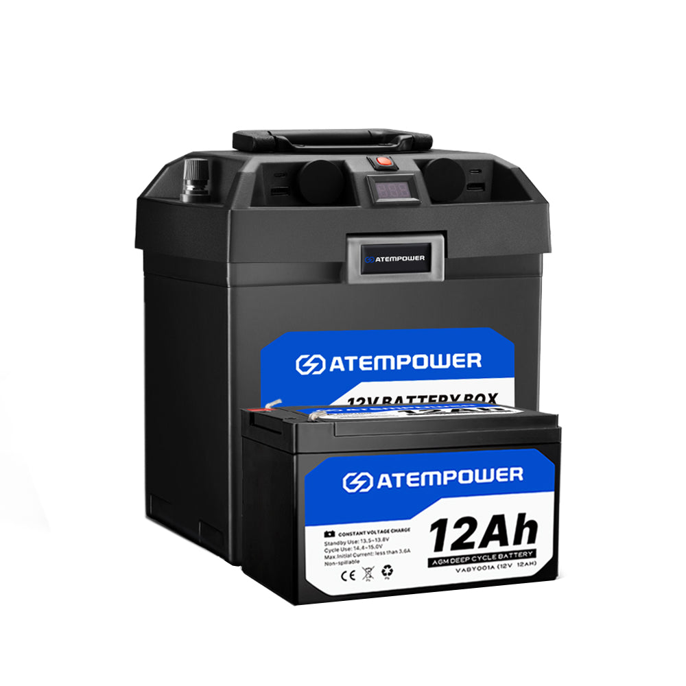 ATEM POWER 12V 12Ah AGM Battery Deep Cycle Acid SLA Solar Power + Battery Box