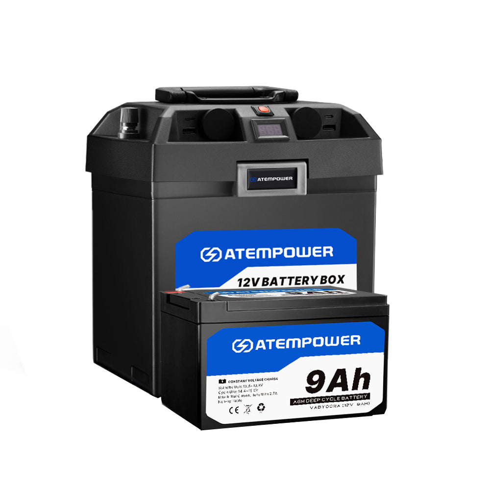 ATEM POWER 12V 9Ah AGM Battery Deep Cycle Acid SLA Solar Power + Battery Box