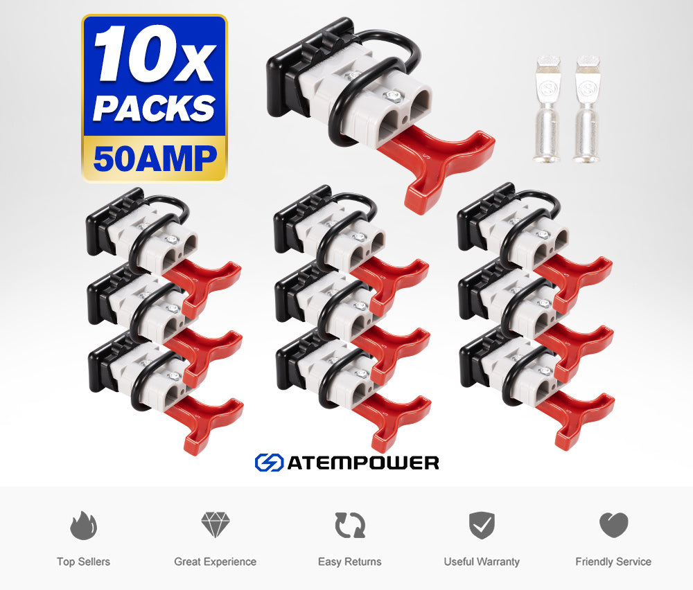 ATEM POWER 10Pcs Anderson Style Plug 50AMP 12-24V 6AWG with T Handle Dust Cap