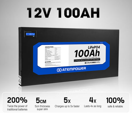 ATEMPOWER 12V 100Ah Slimline Lithium Battery LiFePO4 Deep Cycle 4WD Caravan RV