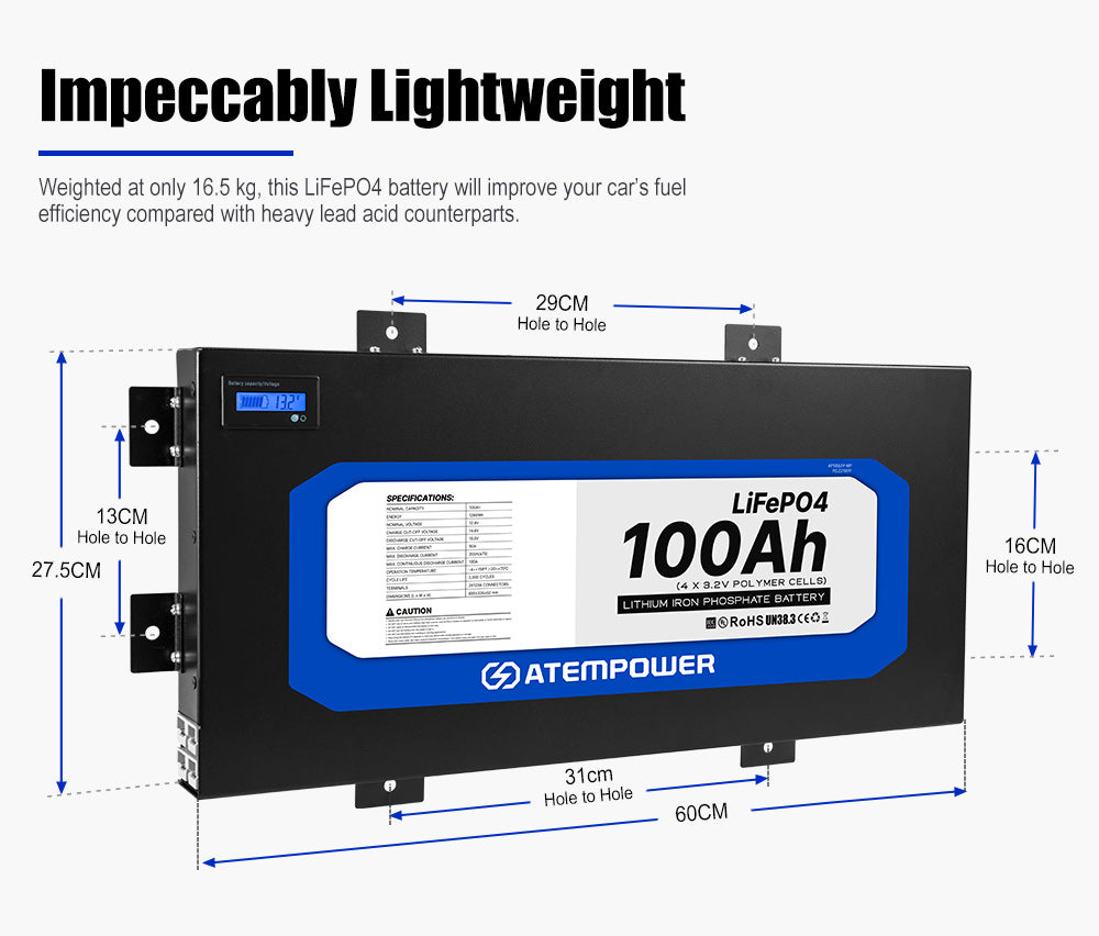 ATEMPOWER 12V 100Ah Slimline Lithium Battery LiFePO4 Deep Cycle 4WD Caravan RV