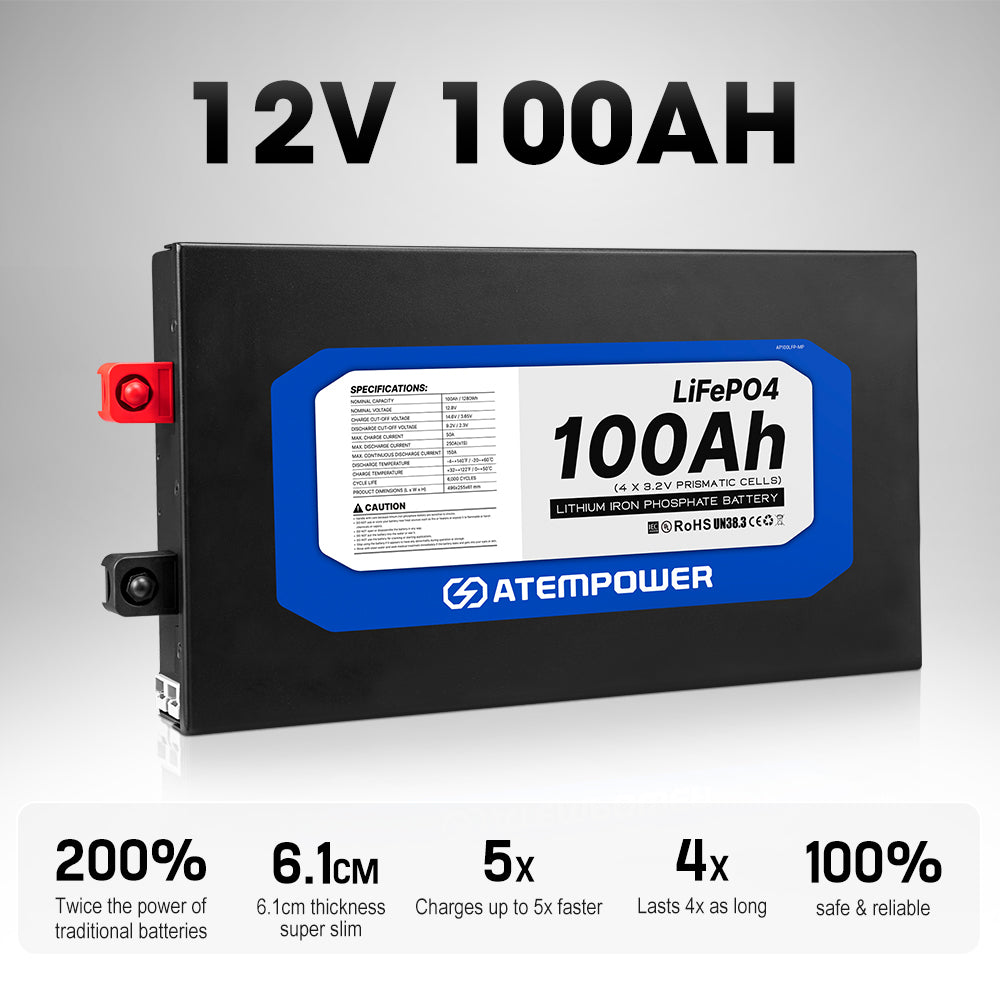 ATEMPOWER 12V 100Ah Slimline Lithium Battery LiFePO4 Deep Cycle 4WD Caravan RV