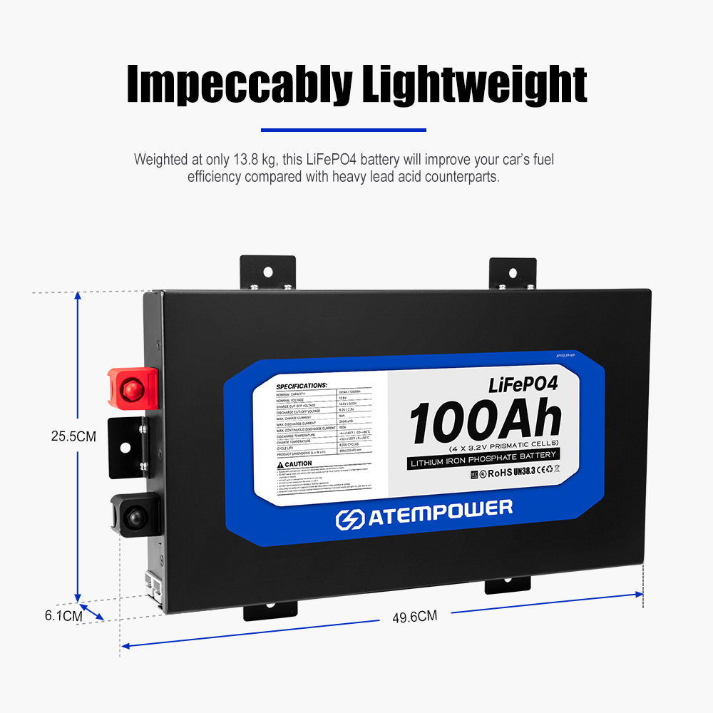 ATEMPOWER 12V 100Ah Slimline Lithium Battery LiFePO4 Deep Cycle 4WD Caravan RV