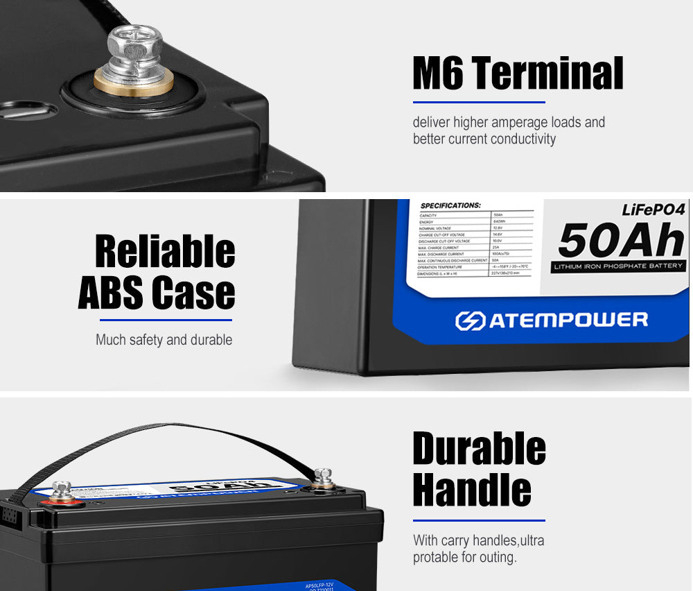 ATEMPOWER 50Ah 12V Lithium Battery LiFePO4 Deep Cycle Marine 4WD Replace AGM