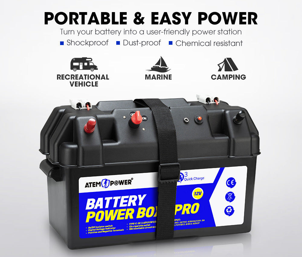 ATEM POWER 12V Battery Box w/ Monitor Portable Deep Cycle Batteries Type C Quick Charge USB