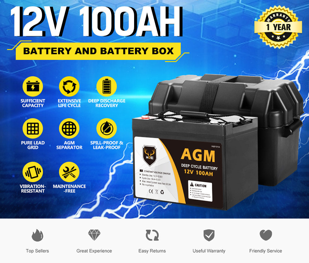 ATEM POWER 100Ah 12V Deep Cycle Battery & Battery Box 12V AGM Marine Sealed Power Solar