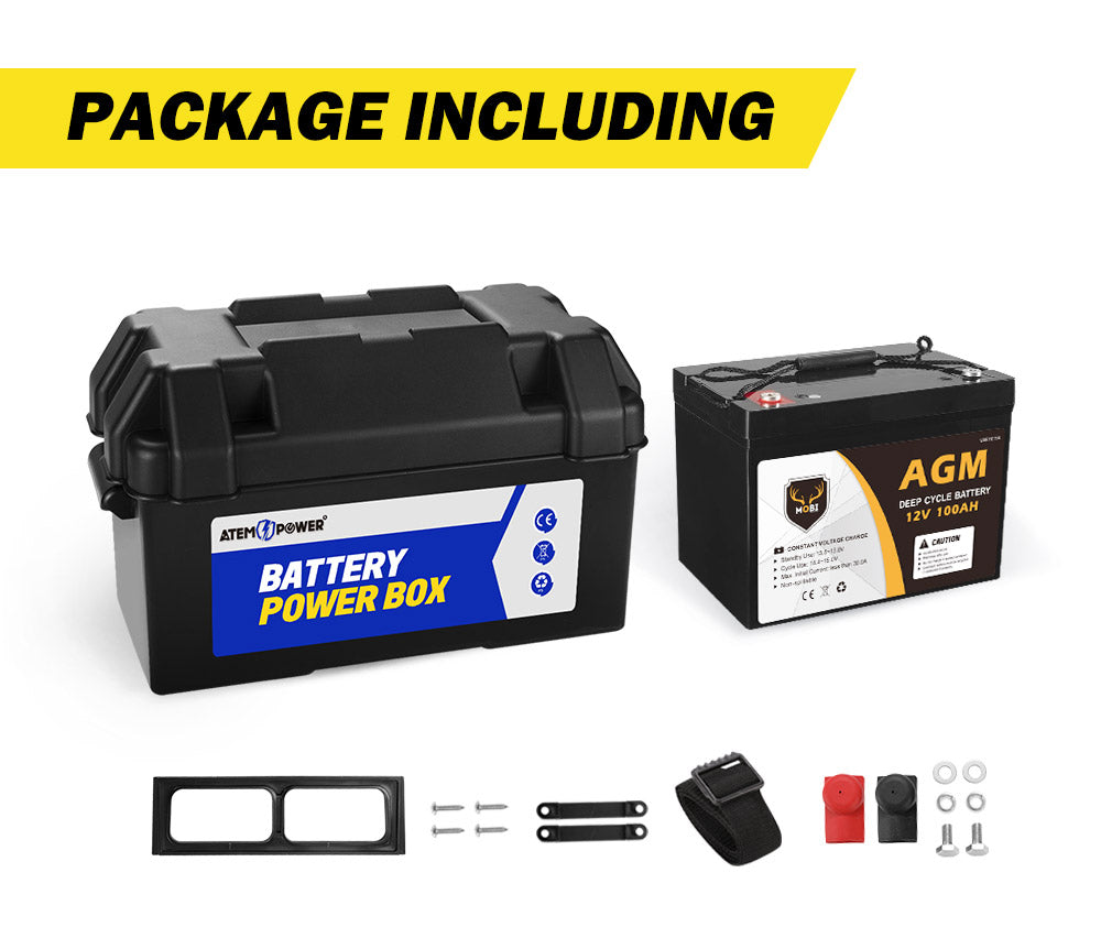 ATEM POWER 100Ah 12V Deep Cycle Battery & Battery Box 12V AGM Marine Sealed Power Solar