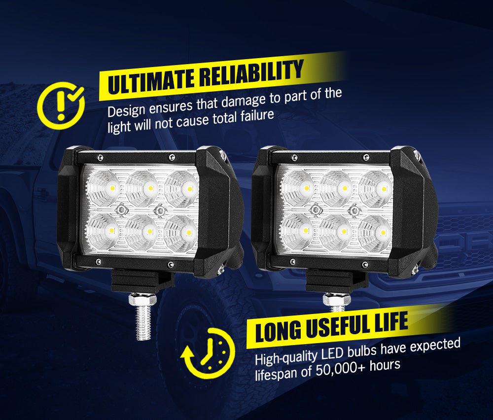 LIGHTFOX 2x 4inch LED Work Light Flood Beam Dual Row Work Fog Lamp Offroad 4x4WD