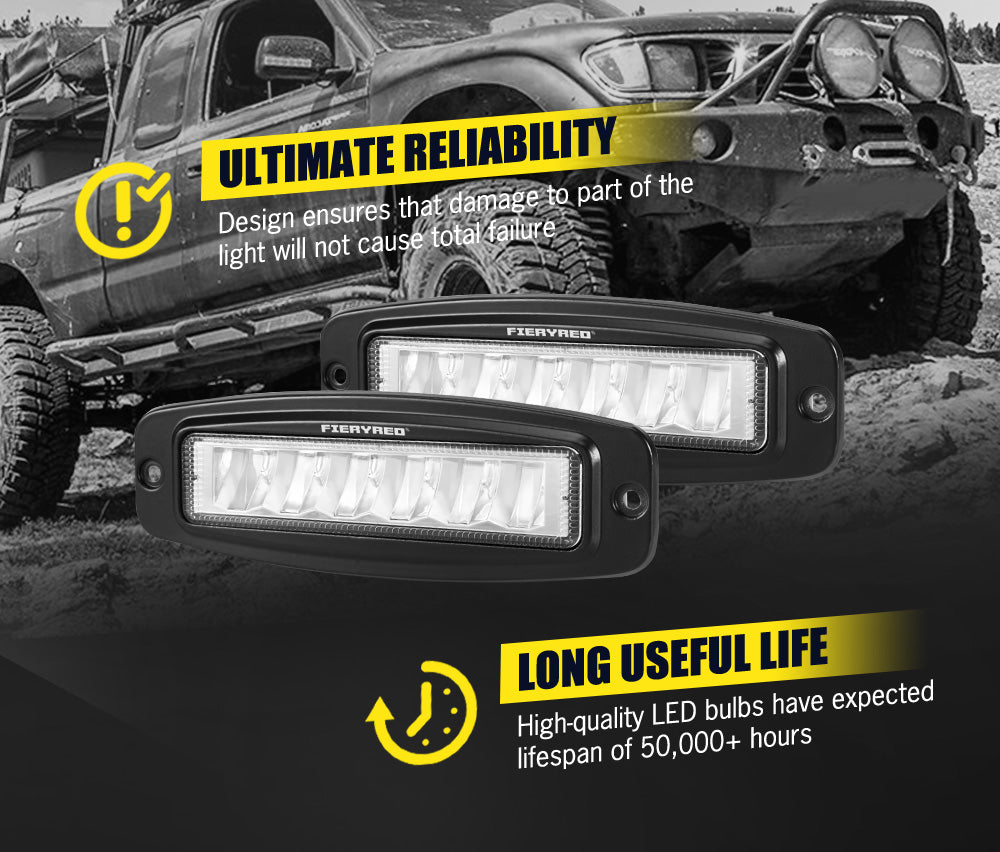 FIERYRED Pair 6inch Flush Mount Led Work Light Bar Flood Reverse 4WD