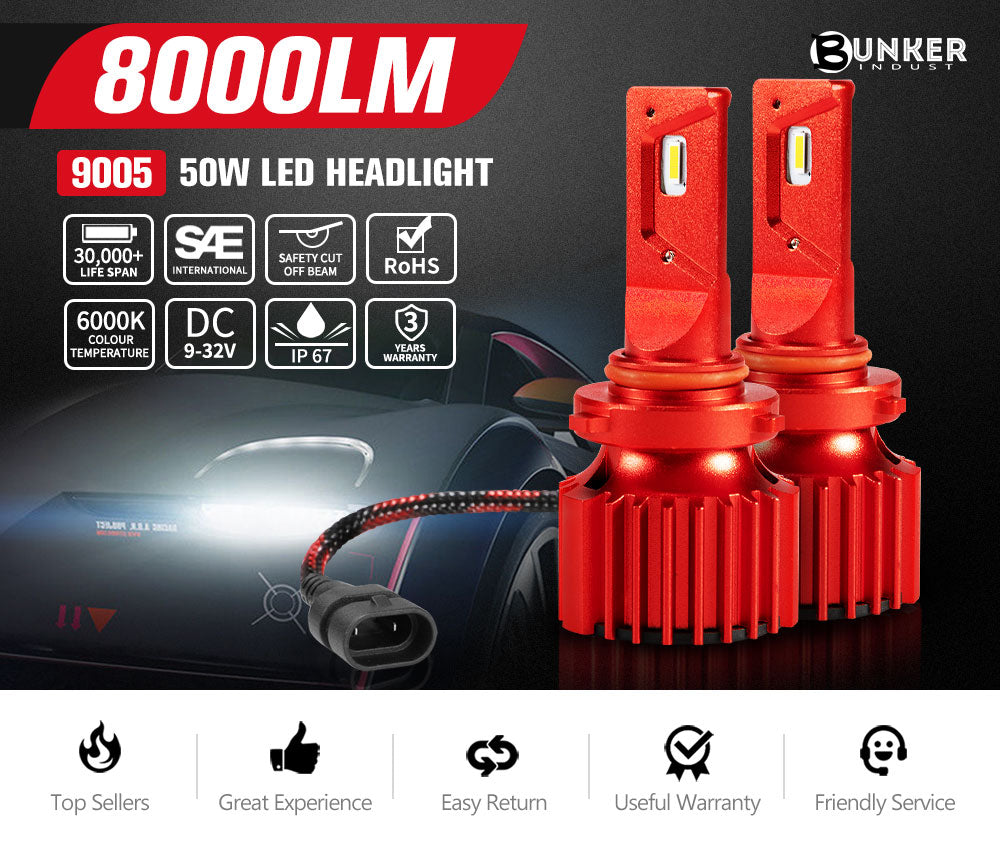 BUNKER INDUST 9005 HB3 LED Headlight Kit 50W 8000LM Globe Bulbs High/Low Beam