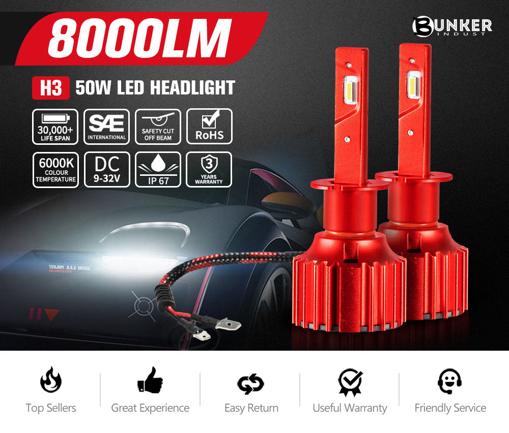 BUNKER INDUST H3 LED Headlight Kit 50W 8000LM Globe Bulbs High Or Low Beam White